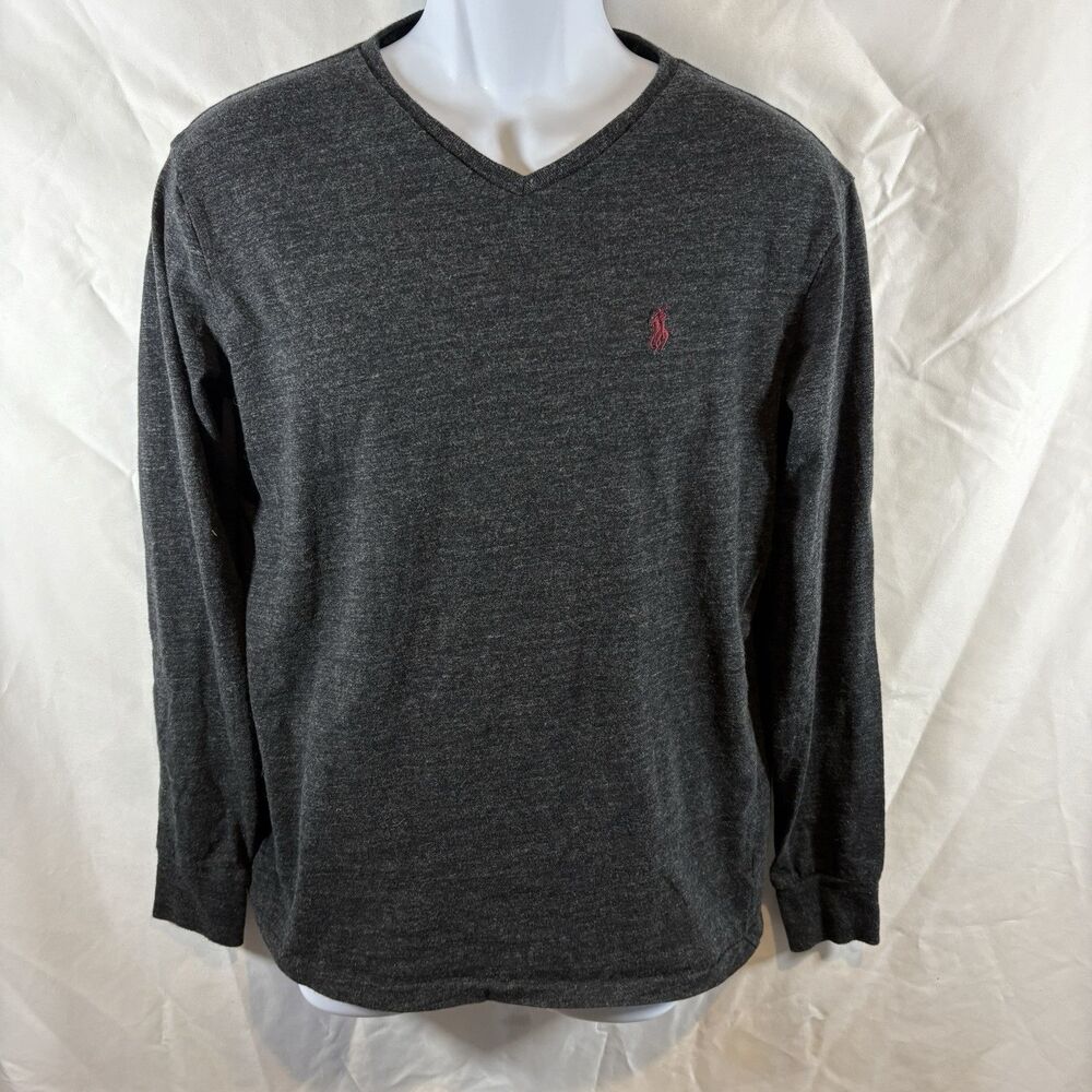 Polo Ralph Lauren Shirt Mens M Gray V-Neck Long Sleeve Preppy Classic Casual